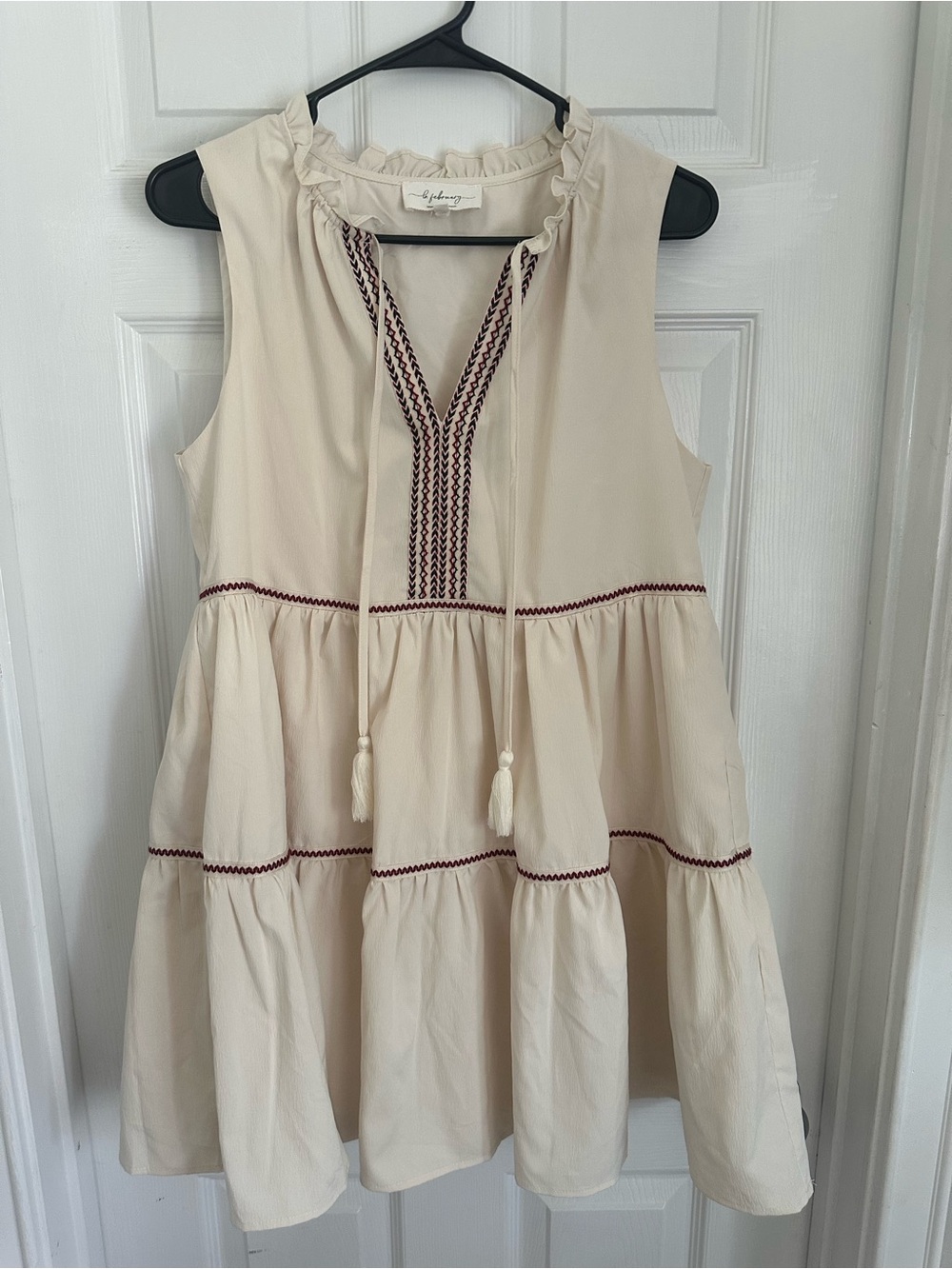 Boutique Cream Sleeveless Tiered Peasant Dress with Embroidered Trim